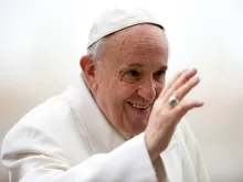 Pope Francis waves to pilgrims during his April 4, 2018 general audience in St. Peter's Square. 