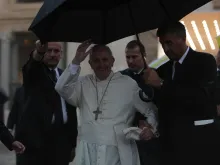 Pope Francis waves to pilgrims during his Aug. 31 2016, general audience in St. Peter's Square. 