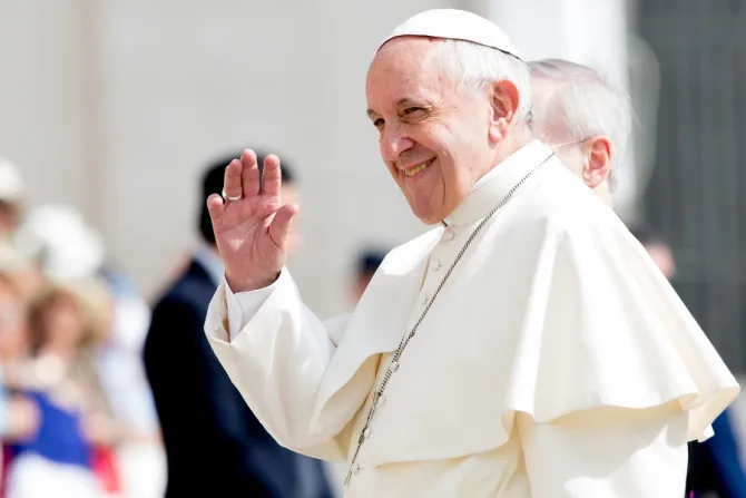 Pope Francis waves to pilgrims during his June 6 2018 general audience Credit Daniel Ibez CNA