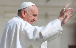 Pope Francis waves to pilgrims during his May 25 2016, general audience in St. Peter's Square.   Daniel Ibáñez/CNA.
