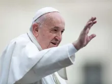 Pope Francis waves to pilgrims in St. Peter's Square Feb. 26, 2020. 