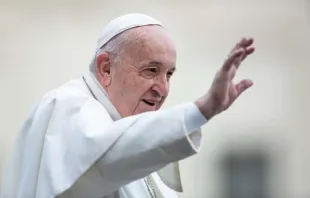 Pope Francis waves to pilgrims in St. Peter's Square Feb. 26, 2020.   Daniel Ibanez/CNA.
