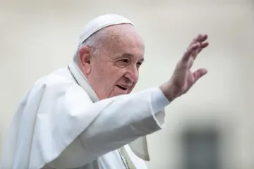 Pope Francis waves to pilgrims in St Peters Square Feb 26 2020 Credit Daniel Ibanez CNA