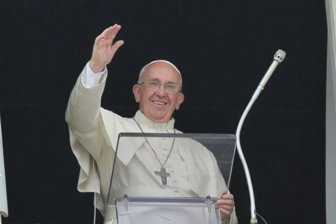 Pope Francis waves to the crowd gathered in St Peters Square on June 15 2015 before the Angelus Credit  LOsservatore Romano CNA 6 15 15
