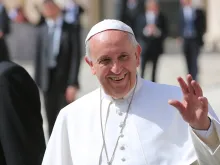 Pope Francis waves to the general audience on April 1, 2015 in St. Peter's Square. 