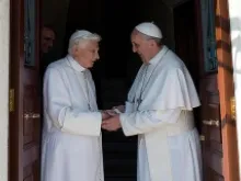 Pope Francis welcomes Benedict XVI back to the Vatican at Mater Ecclesia monastery on May 2, 2013 
