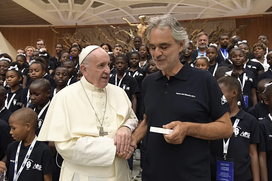Pope Francis and Andrea Bocelli at a General Audience in the Vatican's Paul VI Hall, Aug. 2, 2017. ?w=200&h=150