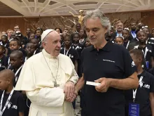 Pope Francis with Andrea Bocelli at the general audience in the Paul VI Hall on Aug. 2, 2017. 