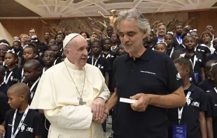 Pope Francis and Andrea Bocelli at a General Audience in the Vatican's Paul VI Hall, Aug. 2, 2017.   L'Osservatore Romano.