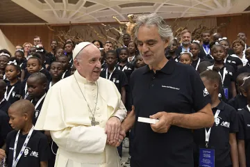 Pope Francis with Andrea Bocelli at the general audience in the Paul VI Hall on Aug 2 2017 Credit LOsservatore Romano CNA