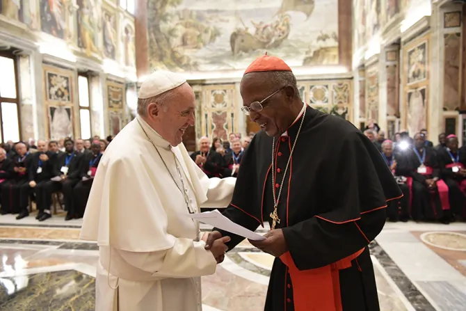 Pope Francis with Archbishop John Njue of of Nairobi at the International Catholic Migration Commission on March 8 2018 Credit Vatican Media CNA