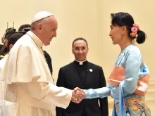 Pope Francis with Aung San Suu Kyi, winner of the 1991 Nobel Peace Prize in the Diplomatic Corps Hall on Nov. 28, 2017. 