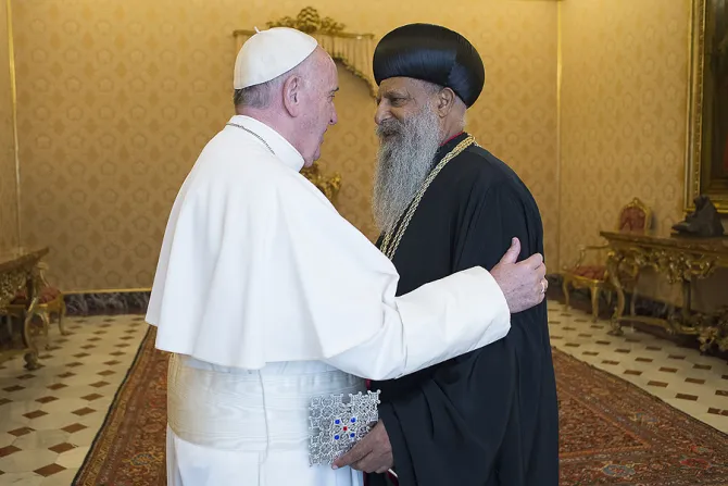 Pope Francis with His Holiness Abuna Matthias I Patriarch of the Orthodox Tewahedo Church of Ethiopia Feb 29 2016 Credit LOsservatore Romano CNA 2 29 16