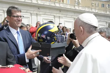 Pope Francis with Michigan Wolverines football coach Jim Harbaugh in Vatican City April 26 2017 Credit LOsservatore Romano CNA
