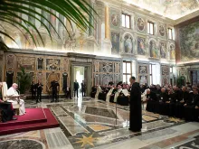 Pope Francis meets with monks of the Benedictine Confederation at the Vatican's Clementine Hall, April 19, 2018. 