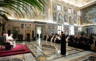 Pope Francis meets with monks of the Benedictine Confederation at the Vatican's Clementine Hall, April 19, 2018.   Vatican Media.