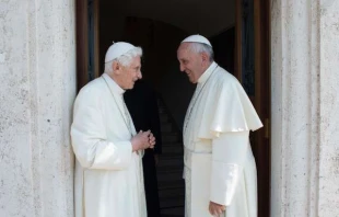 Pope Francis with Pope Emeritus Benedict XVI at the Monastery of Mater Ecclesiae in Vatican City on June 30, 2015. null