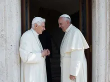 Pope Francis with Pope Emeritus Benedict XVI at the Monastery of Mater Ecclesiae in Vatican City on June 30, 2015.