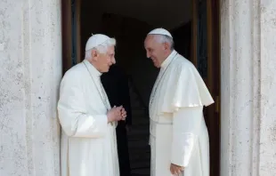 Pope Francis with Pope Emeritus Benedict XVI at the Monastery of Mater Ecclesiae in Vatican City on June 30, 2015. null