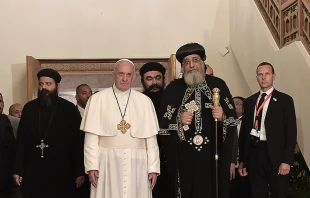 Pope Francis with Tawadros II, Coptic Orthodox Patriarch of Alexandria, in Cairo, Egypt, April 28, 2017.   L'Osservatore Romano.