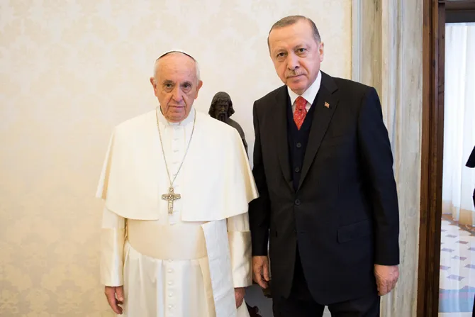 Pope Francis with President Recep Tayyip Erdogan of the Republic of Turkey in Vatican City on February 5 2018 Credit Vatican Media CNA