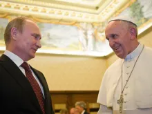 Pope Francis meets with Russian president Vladimir Putin at the Vatican, June 10, 2015. 