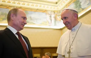 Pope Francis meets with Russian president Vladimir Putin at the Vatican, June 10, 2015.   POOL Catholic Press Photo.