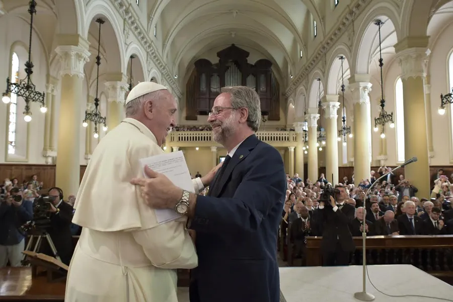Pope Francis embraces Eugenio Bernardini, a Waldensian pastor, at the community's church in Turin, July 22, 2015. ?w=200&h=150