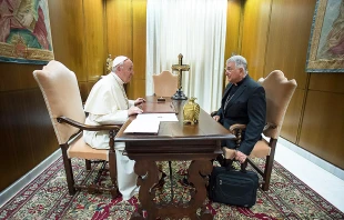 Pope Francis meets with Archbishop Emil Paul Tscherrig, who was appointed apostolic nuncio to Italy and San Marino Sept. 12, 2017.   L'Osservatore Romano.