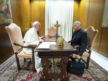 Pope Francis meets with Archbishop Emil Paul Tscherrig, who was appointed apostolic nuncio to Italy and San Marino Sept. 12, 2017. 