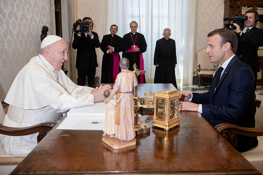 Pope Francis with French President Emmanuel Macron in the Apostolic Palace on June 26, 2018. 