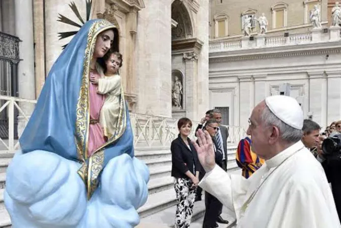 Pope Francis with a statue of Mary and baby Jesus in St Peters Square during the general audience on Sept 9 2015 Credit LOsservatore Romano CNA
