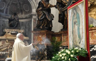 Pope Francis with an image of Our Lady of Guadalupe in St. Peter's Basilica Dec. 12, 2020.   Vatican Media.