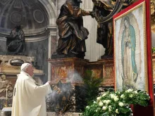 Pope Francis with an image of Our Lady of Guadalupe in St. Peter's Basilica Dec. 12, 2020. 