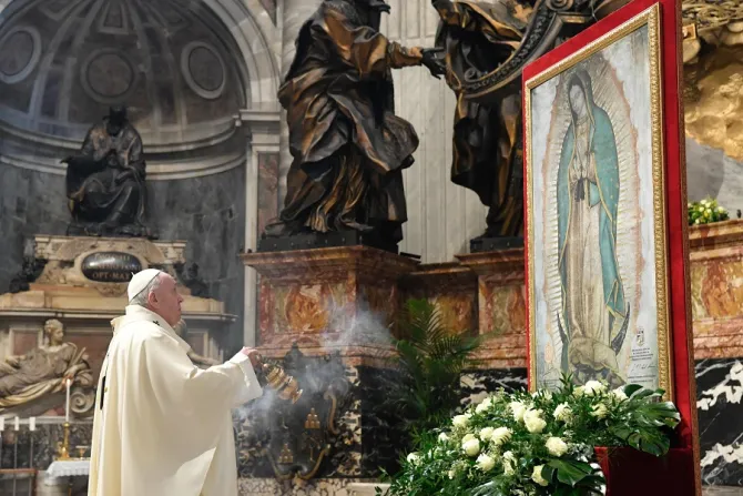Pope Francis with an image of Our Lady of Guadalupe in St Peters Basilica Dec 12 2020 Credit Vatican Media