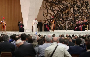 Pope Francis addreses members of Caritas from Italian dioceses in the Vatican' Paul VI Hall, April 21, 2016.   Daniel Ibanez/CNA.