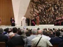 Pope Francis addreses members of Caritas from Italian dioceses in the Vatican' Paul VI Hall, April 21, 2016. 