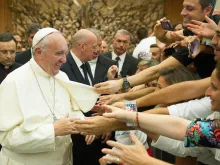      Pope Francis with members of the Italian group Parish Cells of Evangelization in Paul VI Hall on Sept 5, 2015. 