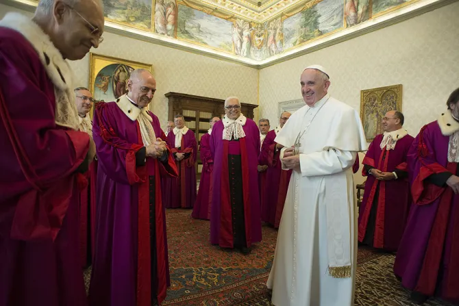 Pope Francis with the Tribunal of the Roman Rota in Vatican City Jan 22 2016 Credit LOsservatore Romano CNA 1 22 16