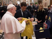 Pope Francis receives a Villarreal CF jersey during his meeting with the club, Feb. 23, 2017. 