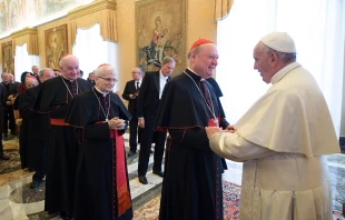 Pope Francis greets participants in the plenary assembly of the Congregation for the Doctrine of the Faith at the Vatican's Clementine Hall, Jan. 26, 2018.   Vatican Media.