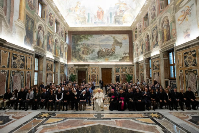 Pope Francis with the collaborators and friends of Telepace in the Vaticans Clementine Hall Dec 13 2018 Credit Vatican Media CNA