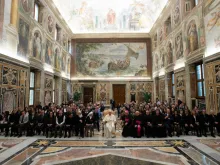 Pope Francis with the collaborators and friends of Telepace in the Vatican's Clementine Hall, Dec. 13, 2018. 