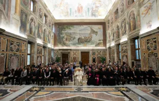 Pope Francis with the collaborators and friends of Telepace in the Vatican's Clementine Hall, Dec. 13, 2018.   Vatican Media.