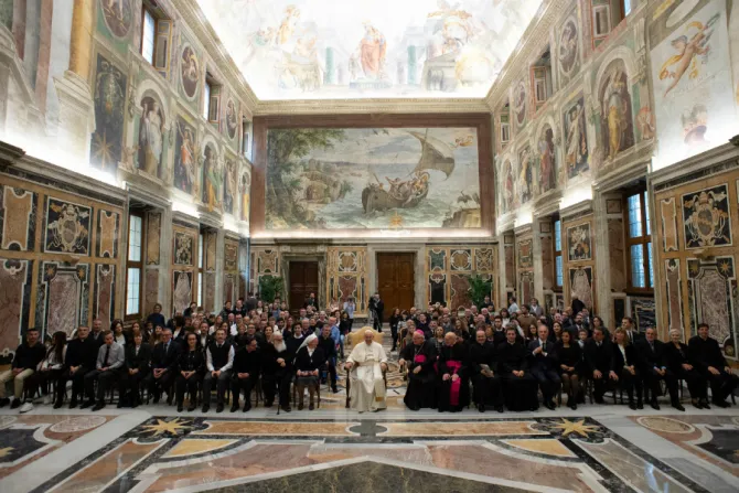 Pope Francis with the collaborators and friends of Telepace in the Vaticans Clementine Hall Dec 13 2018 Credit Vatican Media CNA