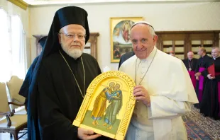  Pope Francis with the delegation from the Ecumenical Patriarche of Constantinople in Vatican City, June 28, 2016.   L'Osservatore Romano.