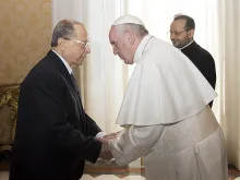 Pope Francis with President of Lebanon Michel Aoun in Vatican City. 