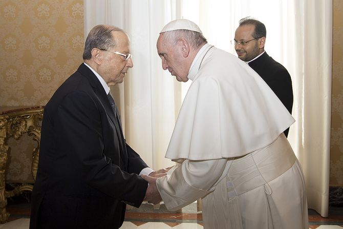 Pope Franics with President of Lebanon Michel Aoun in Vatican City Credit LOsservatore Romano 1 CNA