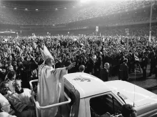 Pope Saint John Paul II during his first papal visit to the United States in 1979. He is the founder of World Youth Days, which draw thousands of young Catholic pilgrims from all over the world. 