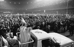 Pope Saint John Paul II during his first papal visit to the United States in 1979. He is the founder of World Youth Days, which draw thousands of young Catholic pilgrims from all over the world.  